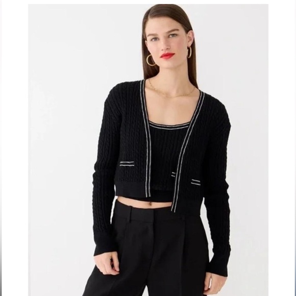 J. Crew Sweaters - J.Crew Cropped Cable Knit Cardigan Tipped Black with h White Trim Sweater